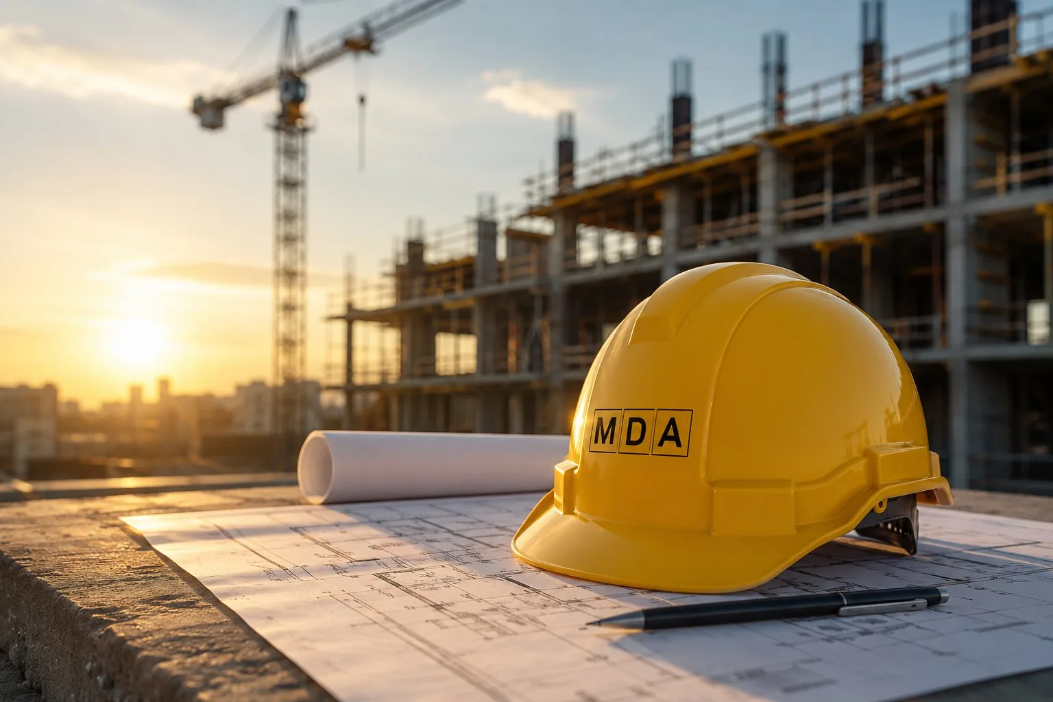 MDA Bauhelm auf Bauplänen vor Baustelle